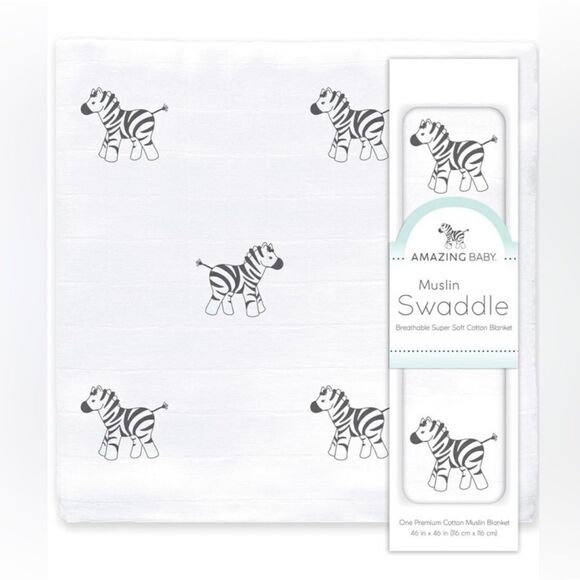 Amazing Baby Muslin Swaddle Breathable Super Soft Cotton Zebra Blanket 36”x36" - Picture 1 of 8